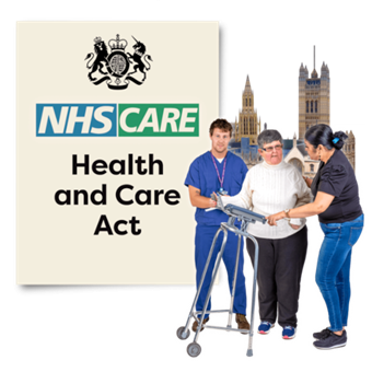 Words: NHS Health and Care Act. With image of disabled person receiving NHS and Social care