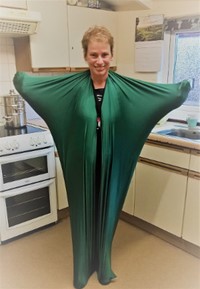Karen Lutz tries on a sensory suit